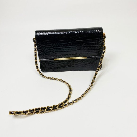 LEATHER Patent Croc Bag w CHAIN & Gold Hardware! - Picture 2 of 6